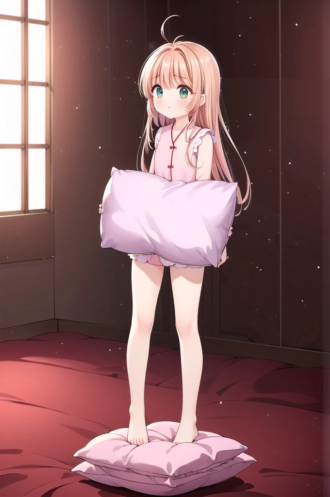 (masterpiece,best quality,best quality, masterpiece),my own, , , (适合任何Pillow背景的光影)), 穿着pajamas可爱女孩在Pillow上摆姿势 ,pajamas,,(很多Pillow),Soft cushion,,,,很多Pillow,,,(Pillow),(A tail),,(充满细节的Pillow),(Love around the protagonist),Steam,,(Pillow),(palace),(Palace bedroom),(Pillow),柔软的Pillow,,(Classical European style bedroom ),(excited,shy person,Lack of expressiveness,),,, ((Maximum resolution)), artwork, ,,,(Interior of the palace),,(Deluxe Rococo Canopy King Bed),On a big and spacious bed,(),,,,Luxurious curtains with ornate ruffles and ribbons surround the bed,((((There are many pillows piled on the bed)))),Detail of Quilt,Detailed bed sheets,Ruffled Bed Skirt,Deep Bed,Background with depth,((详细的Pillow)), ((((大量的Pillow)))),,Shaking lines,,Flowing liquid,Violent body shaking,Violent shaking lines,详细的软Pillow,,((女孩正躺在许多柔软的Pillow上,周围有许多Pillow)),。Many small feathers fluttering、 带褶边和缎带的长裙pajamas、In a huge, Large canopy bed、Soft pink sheets and quilt、色彩鲜艳的柔软Pillow、很多带褶边的Pillow和带褶边的床裙、Soft toned bed、Ruffled curtains around the bed.。Delicate face。Background with depth,kinomoto sakura,(kinomoto sakura, 1girl, brown hair, short hair, antenna hair, , green eyes),,pink dot pillow