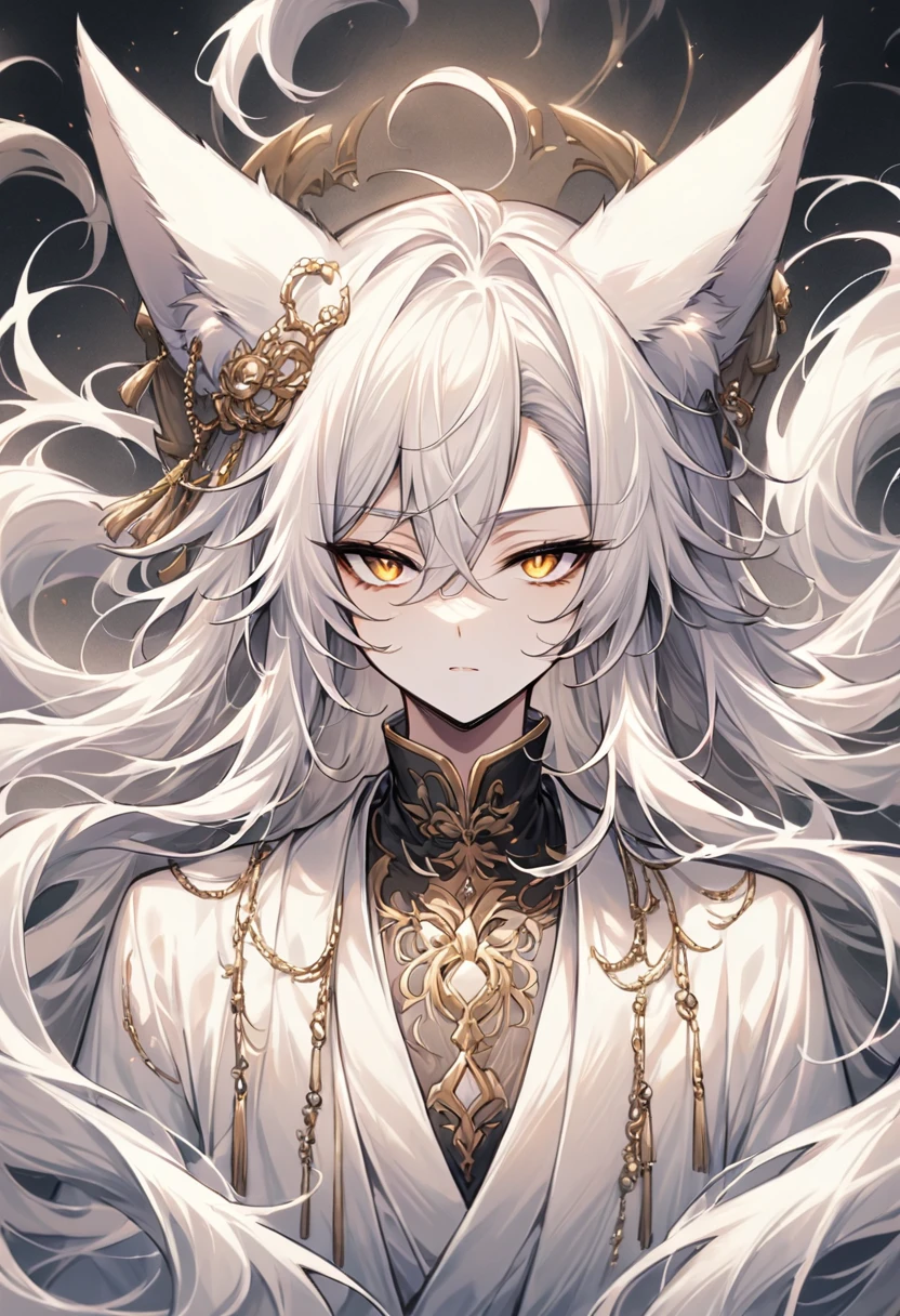 And soul、Highest quality、Character portrait、I、Human whole body、ハンサムで美しいmale性、Deacon、((Highest quality)), ((masterpiece)), (detailed), ((Perfect Face))、Miyabi、male, 銀髪のmale性キャラクター。He has been, Flowing hair and piercing golden eyes..。It has white fox ears on its head。Beautiful Eyebrows、elegant、luxury、Glamour