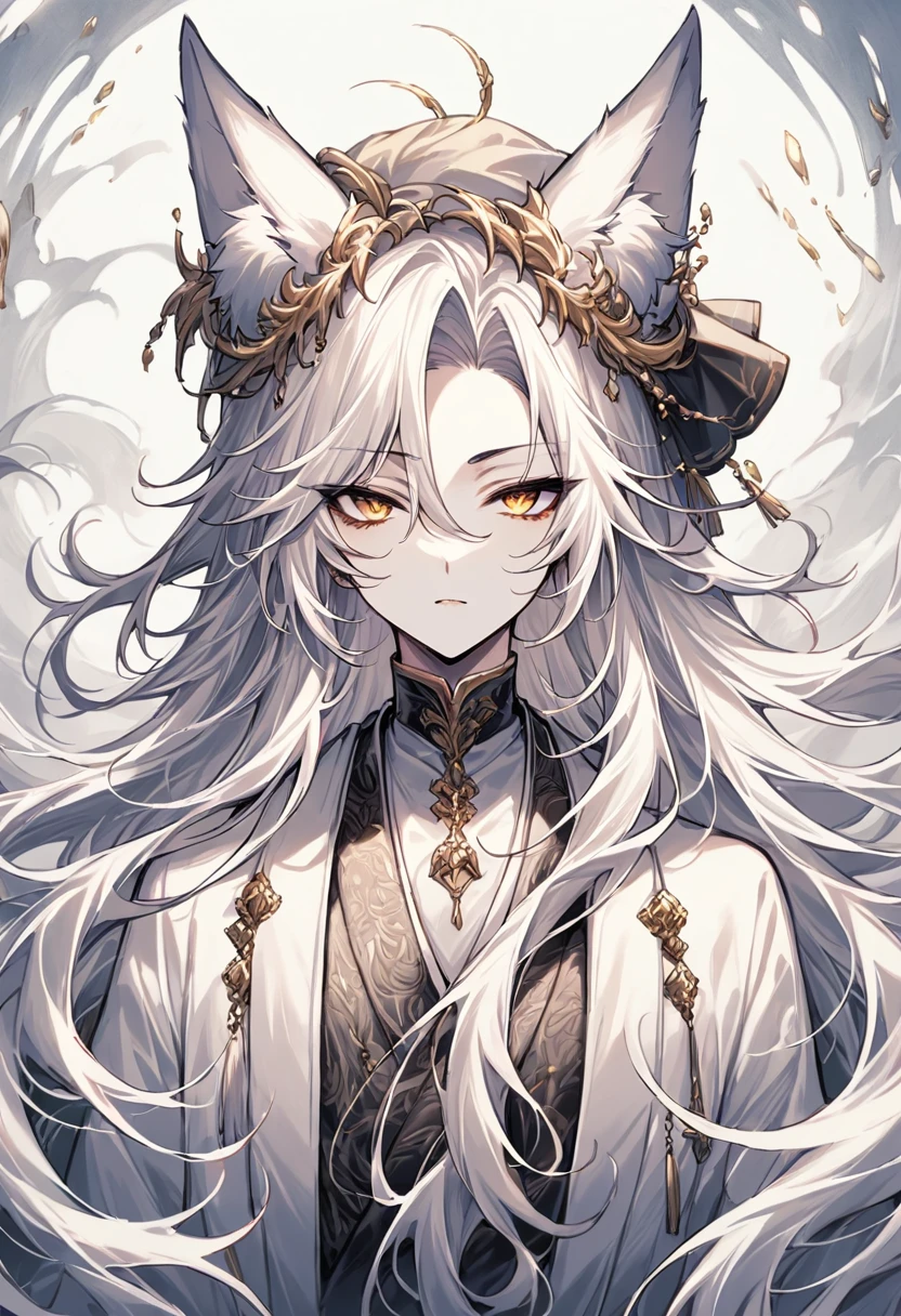 ((Best quality)), ((masterpiece)), (detailed), ((perfect face))、miyabi,a man, Long, flowing silver hair with delicate strands.
Sharp, piercing golden eyes. Fox ears on top of his head.
Serious and slightly mysterious.Pale and smooth.
Wears a robe that is slightly open at the chest, revealing part of his well-defined upper body.
The character exudes a sense of elegance and strength, with a calm and enigmatic aura. The lighting emphasizes his facial features and hair texture, creating a soft, almost ethereal glow.、He came to pick me up in the rain with an umbrella