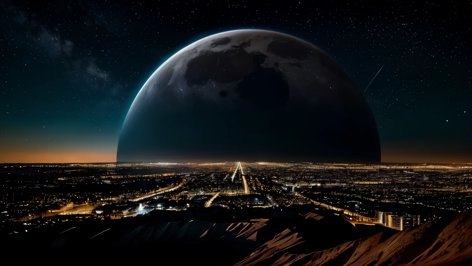 I'm not in the Earth. When I look at the skies, I see the twilight, many stars, the moon and the neighbor planet nearest and too much bigger in this diferent solar sistem, with photorealism, cinematic, real ilumination, professional cam.
