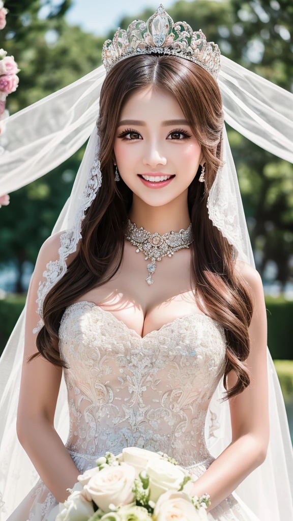 (Highest quality、Tabletop、8K、Best image quality、Award-winning works)、One beautiful bride、(alone:1.1)、(The most extravagant and gorgeous huge wedding dresses:1.1)、(Perfect Wedding Lace:1.2)、(The most extravagant and luxurious giant tiara:1.1)、(The most extravagant and luxurious giant necklace:1.1)、The most beautiful smile is looking at me、A wide selection of the finest jewellery、(Bridal upper body photo:1.1)、Perfect Makeup、Long eyelashes、Ultra HD Shining Eyes、Ultra HD Hair、Ultra-high resolution glossy lips、Ultra High Resolution Perfect Teeth、Super high resolution beautiful face、(Accurate anatomy:1.1)、(Very bright and beautiful skin:1.2)、(very bright and vivid:1.2)、(Luxury wedding venue background:1.1)