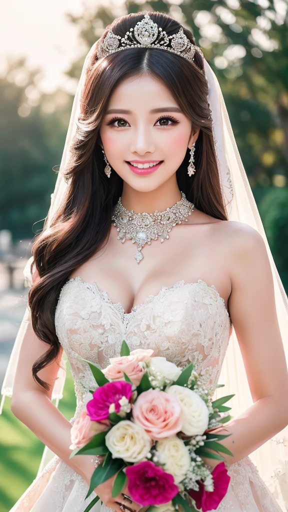 (Highest quality、Tabletop、8K、Best image quality、Award-winning works)、One beautiful bride、(alone:1.1)、(The most extravagant and gorgeous huge wedding dresses:1.1)、(Perfect Wedding Lace:1.2)、(The most extravagant and luxurious giant tiara:1.1)、(The most extravagant and luxurious giant necklace:1.1)、The most beautiful smile is looking at me、A wide selection of the finest jewellery、(Bridal upper body photo:1.1)、Perfect Makeup、Long eyelashes、Ultra HD Shining Eyes、Ultra HD Hair、Ultra-high resolution glossy lips、Ultra High Resolution Perfect Teeth、Super high resolution beautiful face、(Accurate anatomy:1.1)、(Very bright and beautiful skin:1.2)、(very bright and vivid:1.2)、(Luxury wedding venue background:1.1)