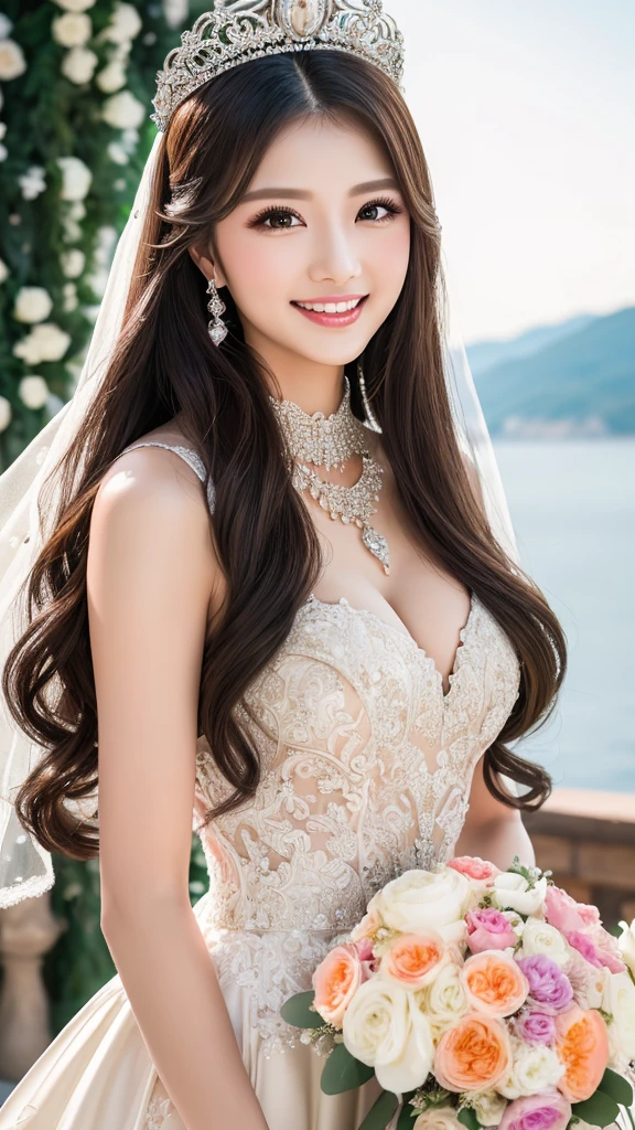 (Highest quality、Tabletop、8K、Best image quality、Award-winning works)、One beautiful bride、(alone:1.1)、(The most extravagant and gorgeous huge wedding dresses:1.1)、(Perfect Wedding Lace:1.2)、(The most extravagant and luxurious giant tiara:1.1)、(The most extravagant and luxurious giant necklace:1.1)、The most beautiful smile is looking at me、A wide selection of the finest jewellery、(Bridal upper body photo:1.1)、Perfect Makeup、Long eyelashes、Ultra HD Shining Eyes、Ultra HD Hair、Ultra-high resolution glossy lips、Ultra High Resolution Perfect Teeth、Super high resolution beautiful face、(Accurate anatomy:1.1)、(Very bright and beautiful skin:1.2)、(very bright and vivid:1.2)、(Luxury wedding venue background:1.1)