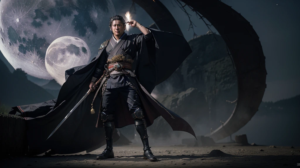 Arafed image of a man in a costume with a sword, Moon themed costume, Samurai costume, full body imageมีรายละเอียดมาก, Detailed Bushido produces smoke., Masamune, Masamune shiro, Full close-up photo, Wear kimono armor, luxurious clothing, Whole body wuxia, Thancred water in the form of wlop, full body image