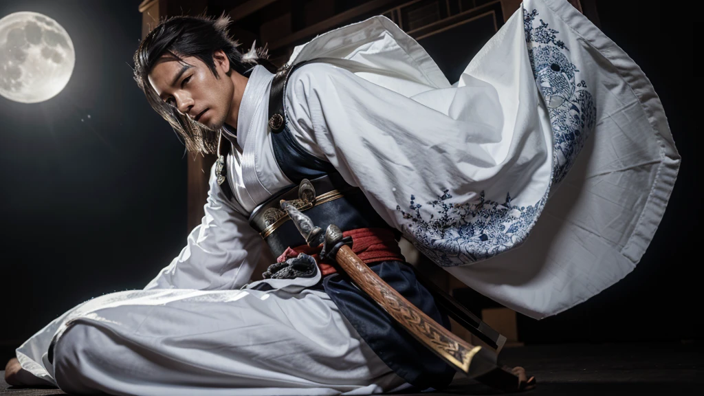 Arafed image of a man in a costume with a sword, Moon themed costume, Samurai costume, full body imageมีรายละเอียดมาก, Detailed Bushido produces smoke., Masamune, Masamune shiro, Full close-up photo, Wear kimono armor, luxurious clothing, Whole body wuxia, Thancred water in the form of wlop, full body image
