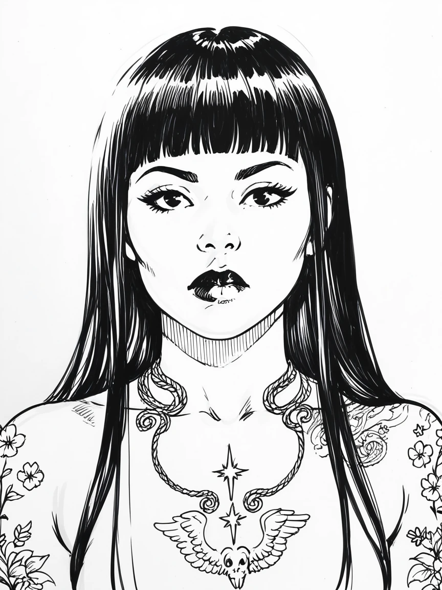 score_9, score_8_up, score_7_up, 1girl, sketch, sp1t, monochrome, 1girl, sketch, detailed background, Asian, sunny, lovely, hime cut hair, scowl, black lips, black eyes, tattoos