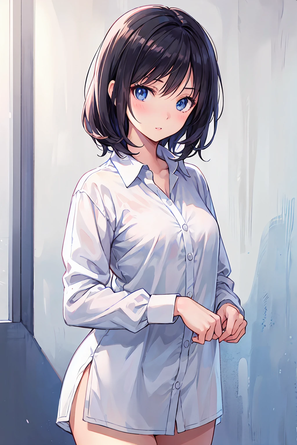 anime girl, Realistic Shadows, Detailed skin, Very small breasts, Black Hair, Very detailed, 8kのVery detailedな顔, perfect face shape, Perfect Lips, Perfect Nose, Correct beautiful eyes, Audience, White shirt, masterpiece, Highest quality, Single women, Very good, No panties, alone