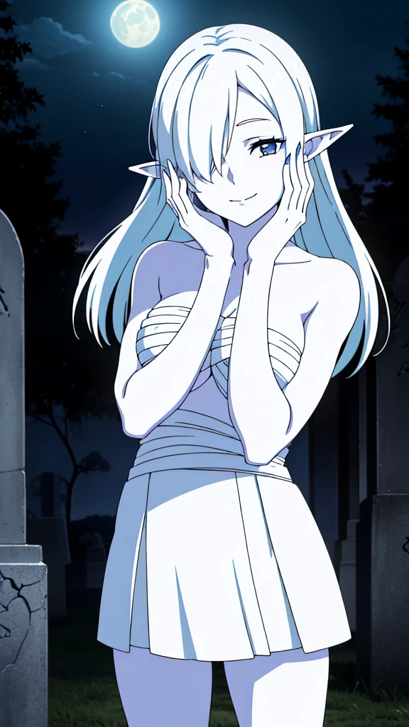 (1girl,20s,mature female),solo,white hair,long hair,(((white skin,colored skin))),elf ears,(((hair over one eye)))(night,moon,graveyard),(smile,yandere,yandere trance),hands on own face,hands on own cheeks,((wrapped_chest,white mini skirt))