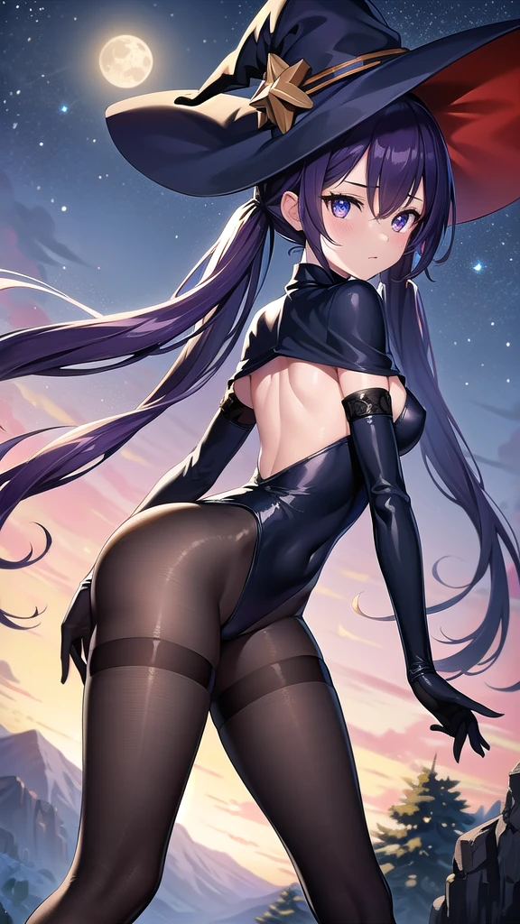 monamegistus, mona, blue eyes, hair between eyes, twintails, very long hair, purple hair, hat, (small breast:1.2), witch hat,
BREAK black bodysuit, black gloves, blue sleeves, bodysuit, black pantyhose,capelet, covered navel, detached sleeves, gloves, high heels, leotard, long hair, long sleeves, multicolored sleeves, purple capelet, purple sleeves, strapless, strapless leotard,
BREAK outdoors, night, waterfall,stars,moon,starfall,nature,
BREAK looking at viewer,
BREAK (masterpiece:1.2), best quality, high resolution, unity 8k wallpaper, (illustration:0.8), (beautiful detailed eyes:1.6), extremely detailed face, perfect lighting, extremely detailed CG, (perfect hands, perfect anatomy),photo from back, back view, from behind.