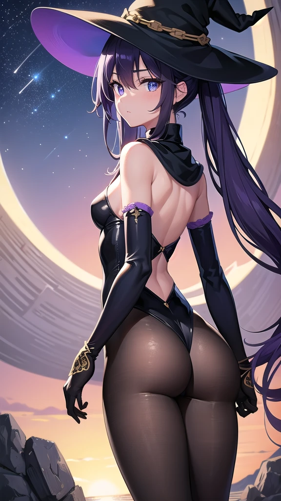 monamegistus, mona, blue eyes, hair between eyes, twintails, very long hair, purple hair, hat, (small breast:1.2), witch hat,
BREAK black bodysuit, black gloves, blue sleeves, bodysuit, black pantyhose,capelet, covered navel, detached sleeves, gloves, high heels, leotard, long hair, long sleeves, multicolored sleeves, purple capelet, purple sleeves, strapless, strapless leotard,
BREAK outdoors, night, waterfall,stars,moon,starfall,nature,
BREAK looking at viewer,
BREAK (masterpiece:1.2), best quality, high resolution, unity 8k wallpaper, (illustration:0.8), (beautiful detailed eyes:1.6), extremely detailed face, perfect lighting, extremely detailed CG, (perfect hands, perfect anatomy),photo from back, back view, from behind.