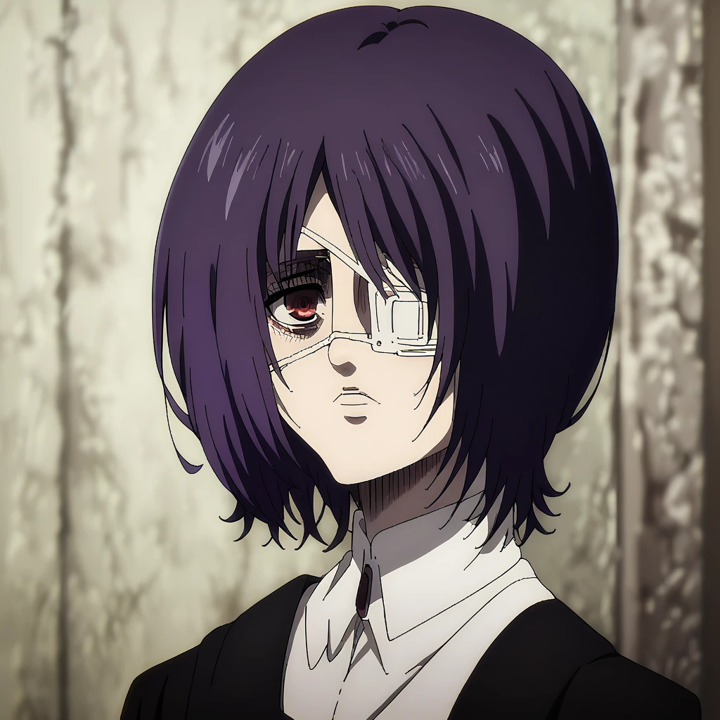 shingeki_no_kyojin_s4_style, white medical eye patch, short hair, violet hair, black uniform, red eye, 