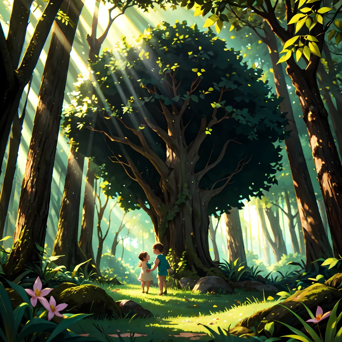 Lush green forest with sunlight streaming through the trees, Bia and Leo exploring happily.