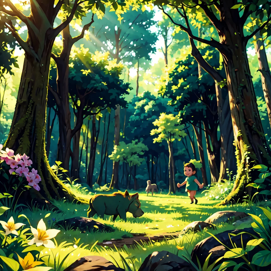 Lush green forest with sunlight streaming through the trees, Bia and Leo exploring happily.
