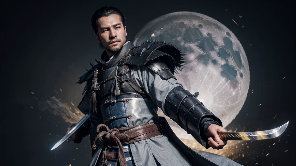 Arafed image of a man in a costume with a sword, Image inspired by Hu Zaobin, Trending on Polycount, What is it??, Moon themed costume, Samurai costume, The full body image is very detailed., Detailed Bushido produces smoke., Masamune, Masamune shiro, Full close-up photo, Wear kimono armor, luxurious clothing