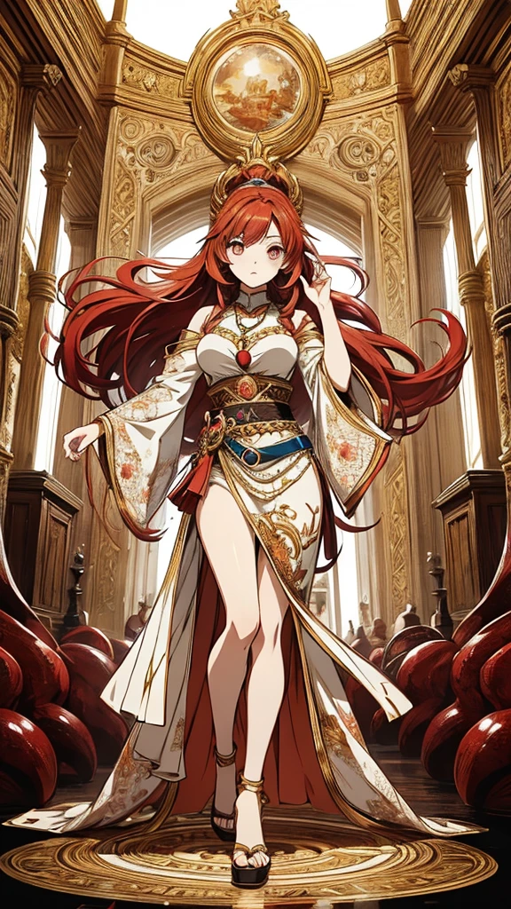Create a picture of a 21-year-old anime woman with long, flowing red hair. She is wearing clothing inspired by imperial style, with elegant and luxurious elements. The outfit can be an elegant dress with gold embroidery details or a flowing robe with royal accents. Her face exudes a determined and confident demeanor, with sharp and serious eyes. Capture a strong aura that highlights her leadership through this picture. Show that she is a powerful figure, radiating unmatched grace.