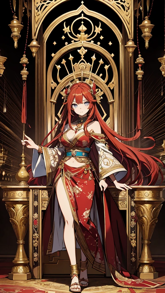 2d, masterpiece, best quality, anime, highly detailed face, highly detailed eyes, highly detailed background, perfect lighting, 1girl, solo, full body, standing, genie attire, red hair, amulet 