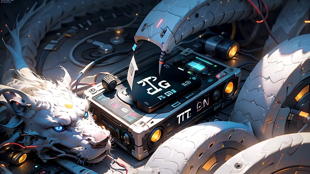 (DTG: 1.8), (DTG letters: 1.8), (Three letters: 1.8), DJ set, Music, cassette, CD Player, Futuristic device for music playing, Music reproducer, Lo-fi, writing, abstract, colorful, high resolution, high quality, neon colors, dark grey background, black grey grdient