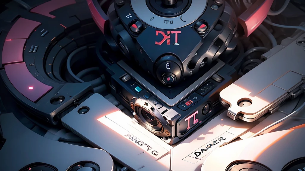 (DTG: 1.8), (DTG letters: 1.8), (Three letters: 1.8), DJ set, Music, cassette, CD Player, Futuristic device for music playing, Music reproducer, Lo-fi, writing, abstract, colorful, high resolution, high quality, neon colors, dark grey background, black grey grdient