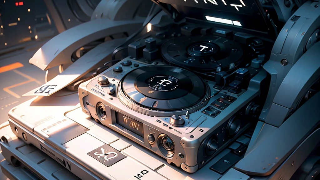 (DTG: 1.8), (DTG letters: 1.8), (Three letters: 1.8), DJ set, Music, cassette, CD Player, Futuristic device for music playing, Music reproducer, Lo-fi, writing, abstract, colorful, high resolution, high quality, neon colors, dark grey background, black grey grdient