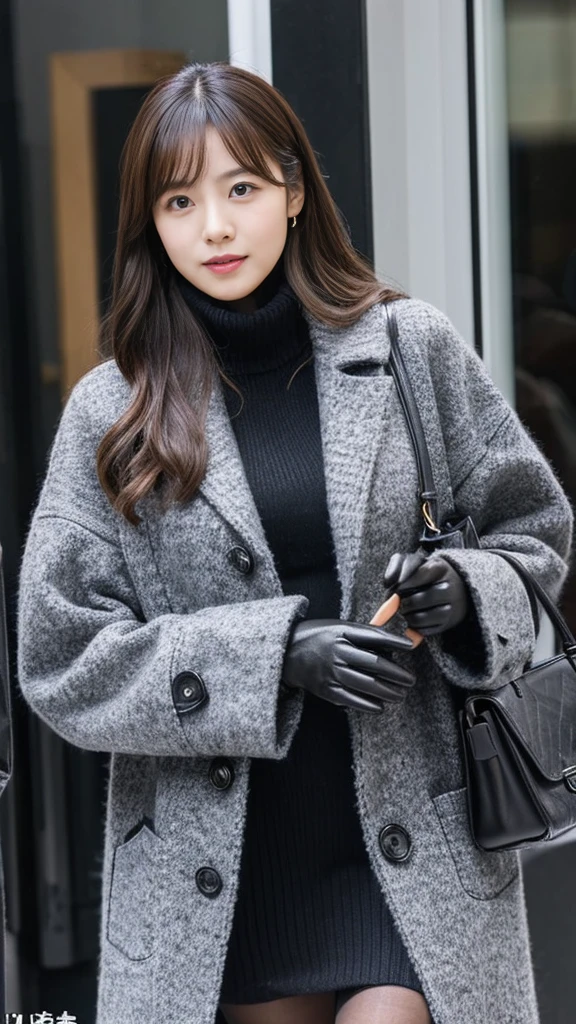 wearing knit and long coat and black leather gloves,skincolor pantyhose