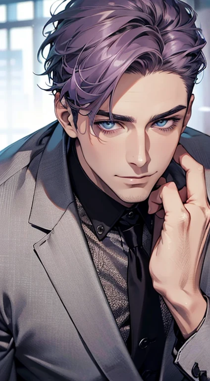 (best quality,4k,8k,highres,masterpiece:1.2),ultra-detailed,(realistic,photorealistic,photo-realistic:1.37),1 man,31 years old,mature man,very handsome,without expression,smile,short grey purple hair,blue eyes,penetrating gaze,perfect face without errors,imposing posture,businessman,office background,cinematic lighting,hdr imagep