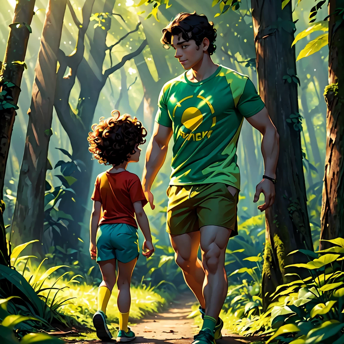 A lush, green forest with tall trees and sunlight streaming through the leaves, casting dappled shadows on the ground. Two children, Bia (a girl with short brown hair, wearing a yellow t-shirt and blue shorts) and Leo (a boy with curly black hair, wearing a red t-shirt and green shorts), are happily exploring the forest together.