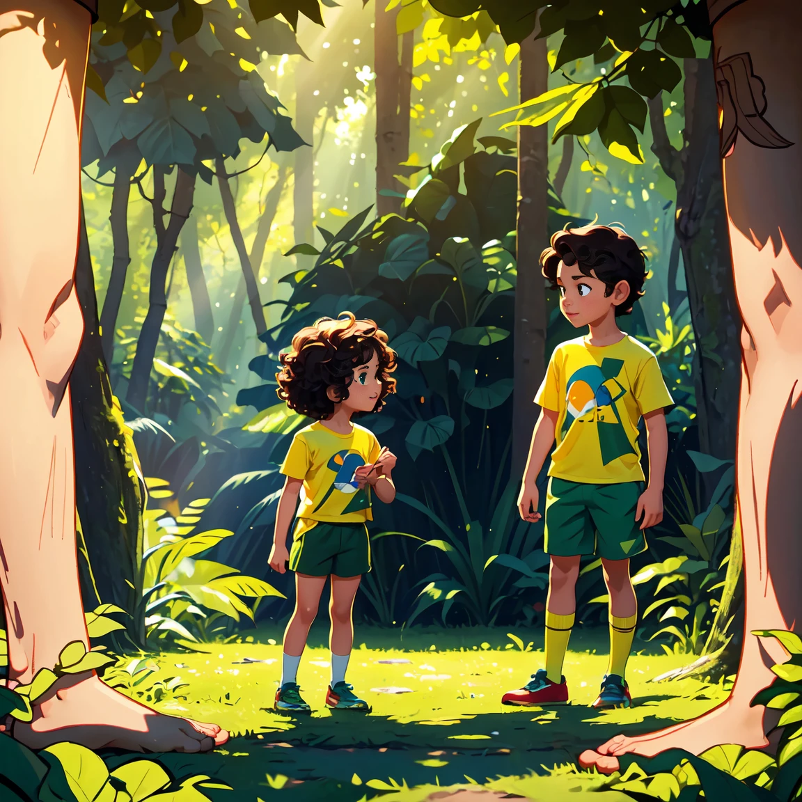 A lush, green forest with tall trees and sunlight streaming through the leaves, casting dappled shadows on the ground. Two children, Bia (a girl with short brown hair, wearing a yellow t-shirt and blue shorts) and Leo (a boy with curly black hair, wearing a red t-shirt and green shorts), are happily exploring the forest together.