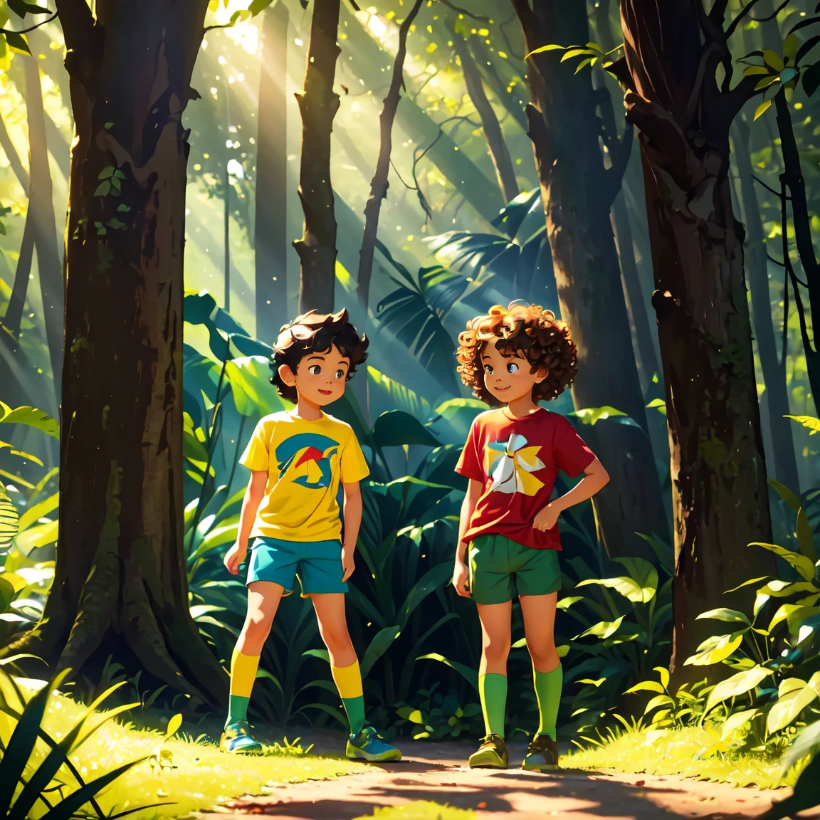 A lush, green forest with tall trees and sunlight streaming through the leaves, casting dappled shadows on the ground. Two children, Bia (a girl with short brown hair, wearing a yellow t-shirt and blue shorts) and Leo (a boy with curly black hair, wearing a red t-shirt and green shorts), are happily exploring the forest together.
