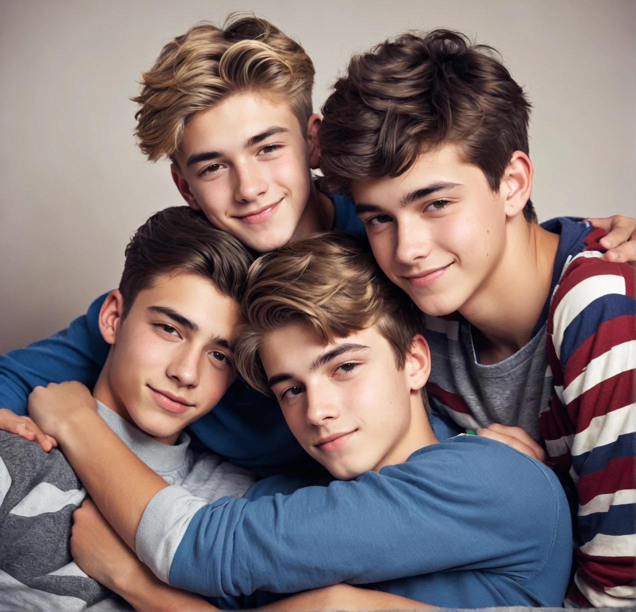 3 different cute male teenagers cuddling together