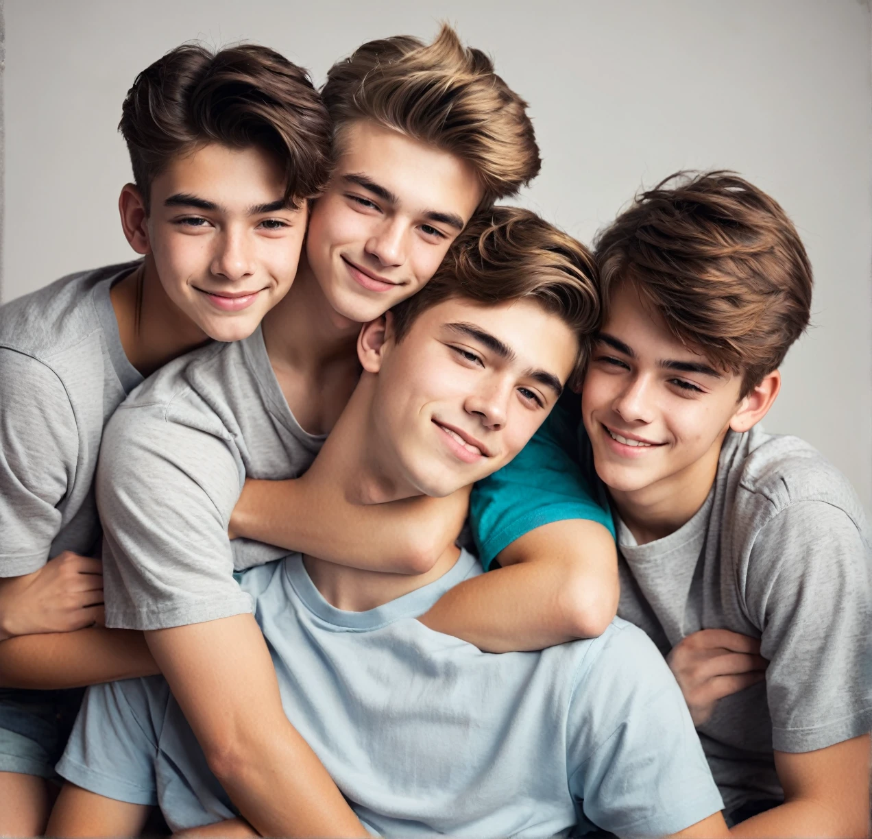 3 different cute male teenagers cuddling together