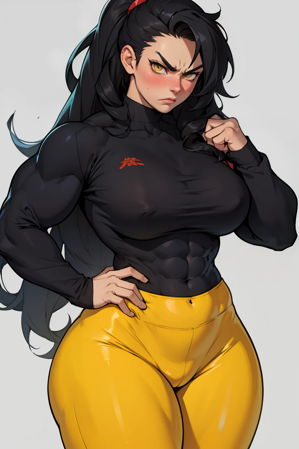 1girl solo black hair yellow eyes very long hair pale skin muscular muscular muscular muscular toned body huge muscles thick thighs girl tight clothes angry blushing messy hair leggings tight shirt long sleeves thick thick thick thick