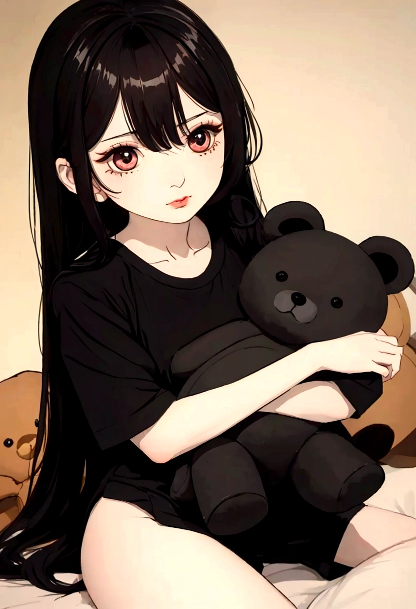 create a drawing of a Doll, Ruoguan Body, Long black hair, Juvenile Sense Facial Features, wearing short pajamas, holding a teddy bear