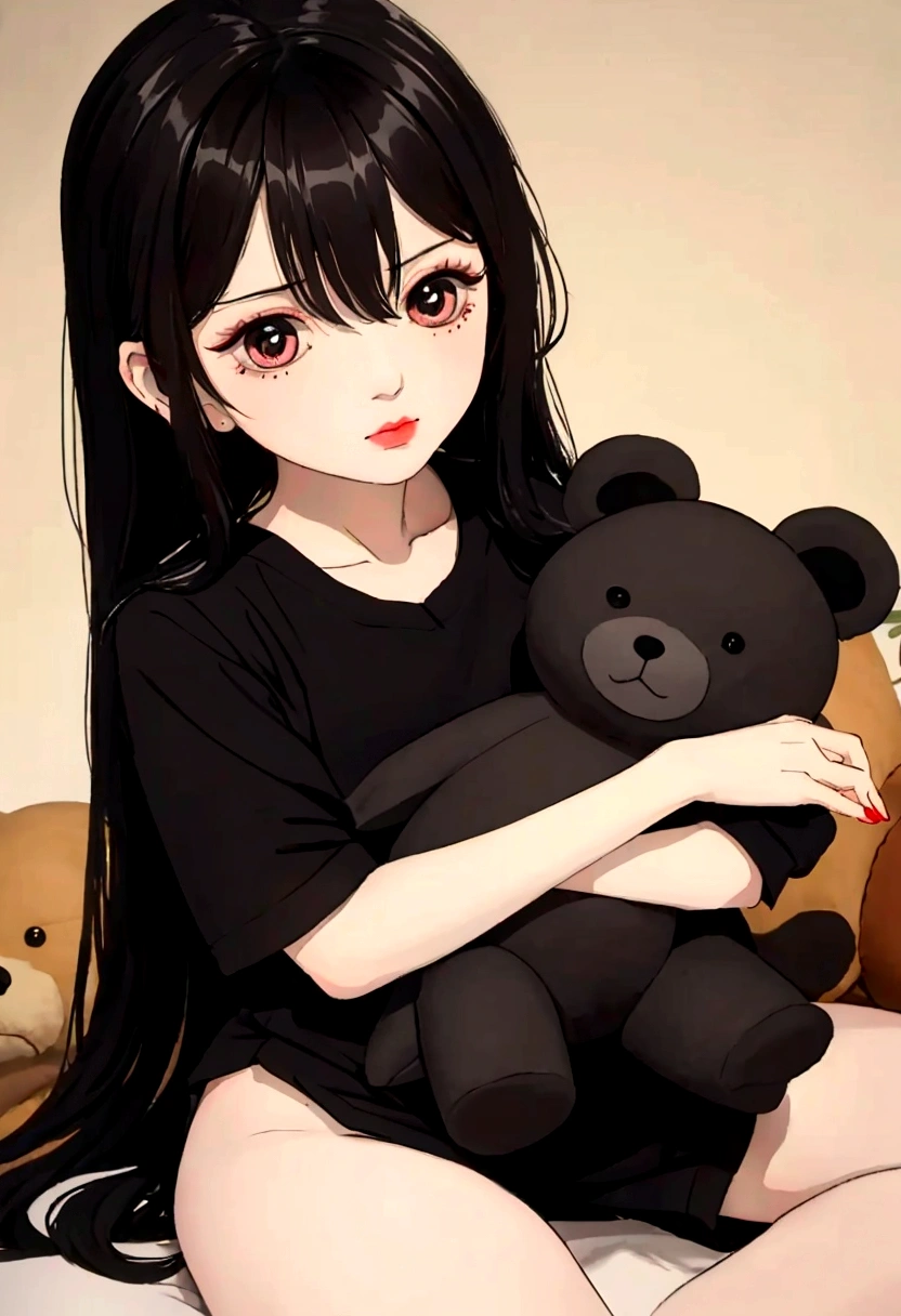 create a drawing of a Doll, Ruoguan Body, Long black hair, Juvenile Sense Facial Features, wearing short pajamas, holding a teddy bear 