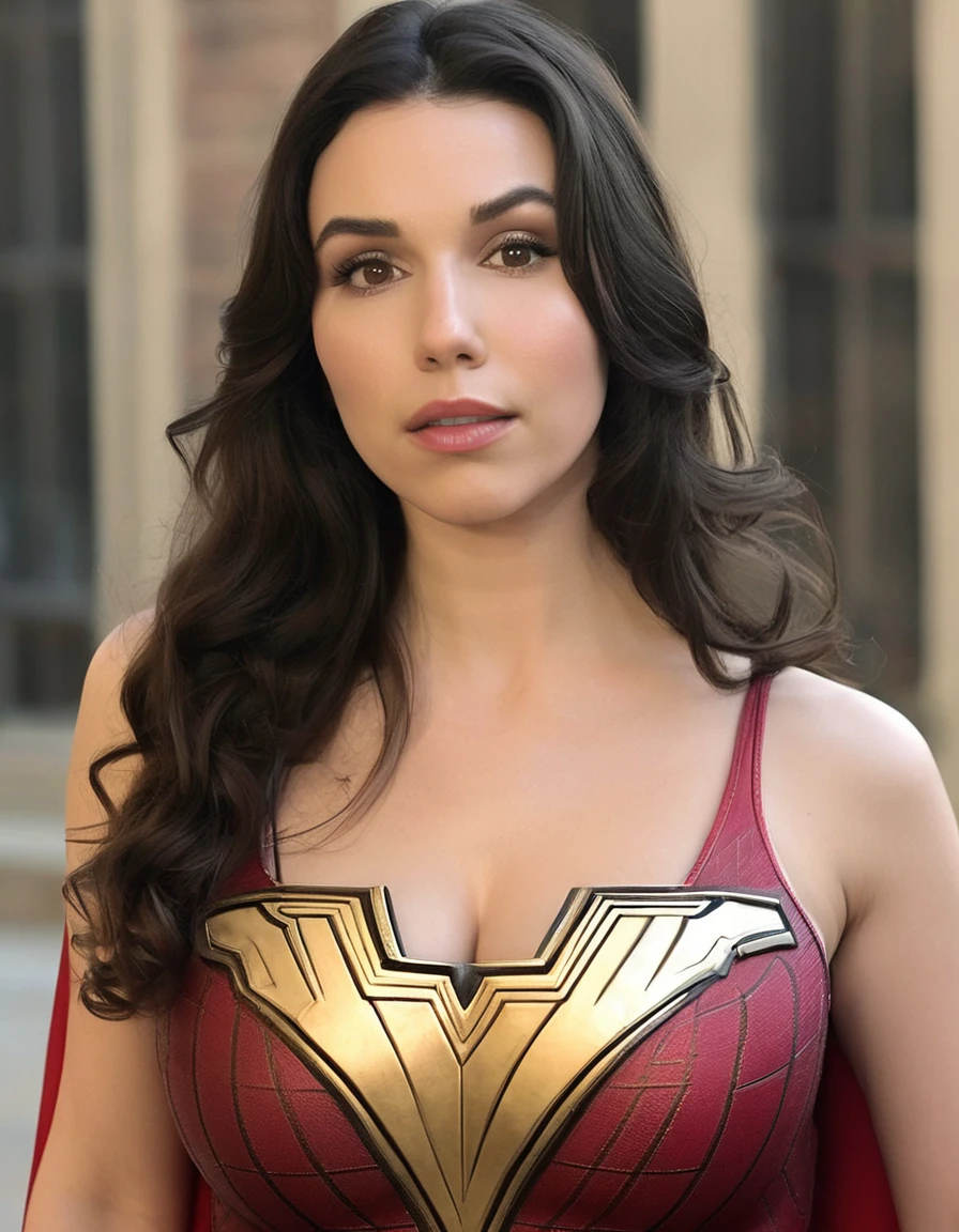 professional portrait photo of Grccrlncrry woman, looking at the camera, Revealing Busty outfit with cleavage and skin tight costume. Curvaceous figure, large breasts. Showing cleavage, highly detailed, skin texture, cosplaying as Mary Marvel of the DC universe of comics.