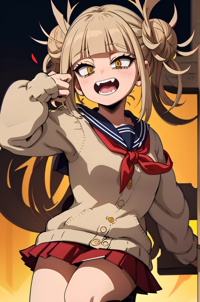 (masterpiece, Highest quality), One girl, Himiko U1, Double Bang, Side Lock, , Sailor collar, Red neckerchief, elongated pupils, Sharp teeth, Pleated skirt, Seraphim, cardigan, Long sleeve, 青いSailor collar, Yellow Eyes,Simple Background