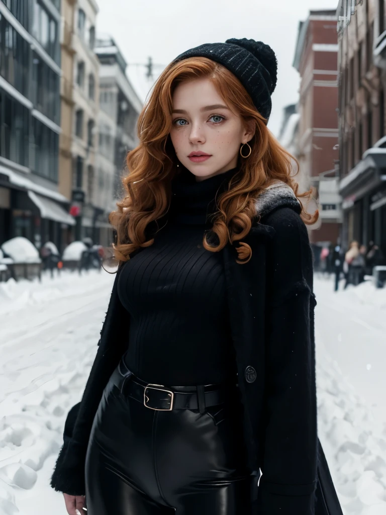 Caucasian woman, ((Ginger hair)), ((((curly hair)))), ((medium hair)), (((honey eyes))), lined eyes, shiny eyes, (highlights eyes), red lipstick, makeup, ((athletic body)), ((small breasts)), ((legs)), ((Black wool coat)), (Big tight coat), (Coat closed with belt), an ushanka, (Black wool sweater), (((Big sweater))), ((black sweater)), (Waist-length sweater), ((black lycra pants)), in the city full of snow, cold atmosphere, Earrings, side shot. 