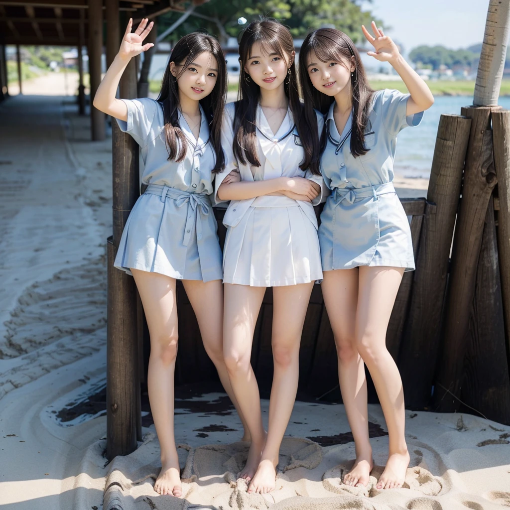 (((barefoot young slender beautiful  Japanese girls on mud beach))), natural front lighting, ultra sharp focus,braided black twin-tail hair, (((light pale white skin color))),blue large eyes with long eyelashes and double eyelids, dynamic angle,red lip,smile, 5girls ((waving arms)), ((huge breasts)), (full body shot:2), (((wearing Japanese high school uniform))), (beautiful face:2),(((beautiful))), 8k details