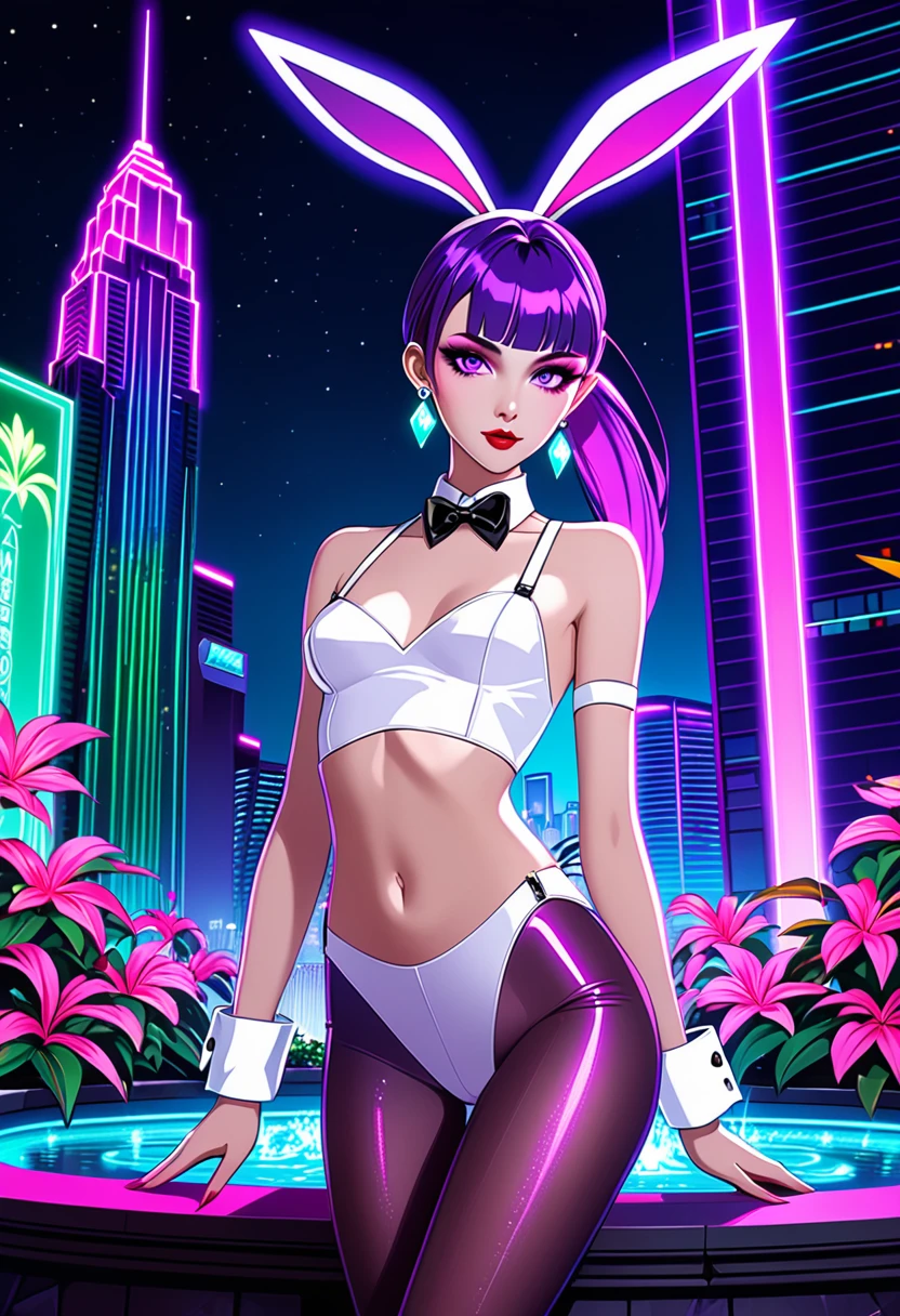 Art styles: very aesthetic, dramatic lighting, 3000K lighting, synthwave, anime, cyberpunk; character: morrigan aensland; appearance: high purple ponytail hair, masterpiece purple eyes, detailed large eyes pupils, Slender hips, slim stomach, thin waist, medium teardrop-shaped breasts, slim body, soft gradient two-tone hair; BREAK clothing: white BUNNY SUIT, PANTYHOSE, FAKE BUNNY EARS, WRIST CUFFS, BOWTIE; Accessories: sparkly diamond small earrings, makeup; BREAK bg: large illuminated fountain, skyscraper roof, panoramic view, deep night city, hawaii, decorations neon lights, translucid lights, green ornamental plant, side lighting;