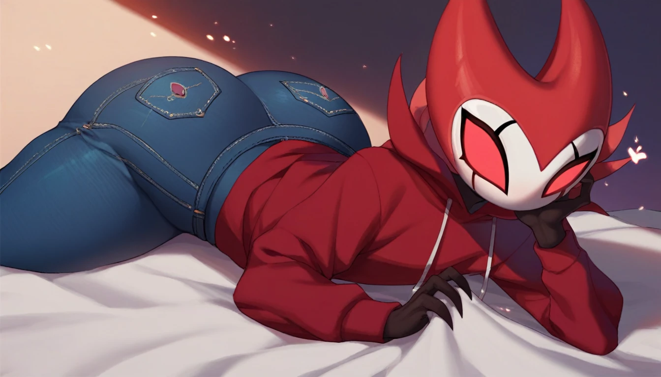 score_9, score_8_up, score_7_up, score_6_up, zPDXL2, grimm \(hollow knight\), vampire, bat, 1boy, solo, cute face, detailed eyes, red hoodie, jeans, portrait, thick thighs, anthro, thick ass, near the screen,pov, under the sheets 
