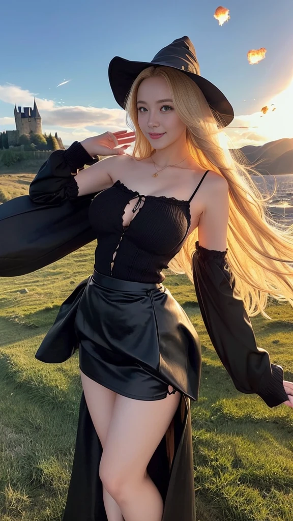 Adult female, Sexy witch, Long dark blonde wavy hair、Off-the-shoulder knit, Puffy nipples、(Long dress in black), Jacket、Medium Milk, Cute Smile、Expose your shoulders、(Pose to lean forward and emphasize the chest)、Gorgeous magic wand and book、Church of the castle、Sexy pose、(((The wind blows up my skirt)))、sexy lace panties