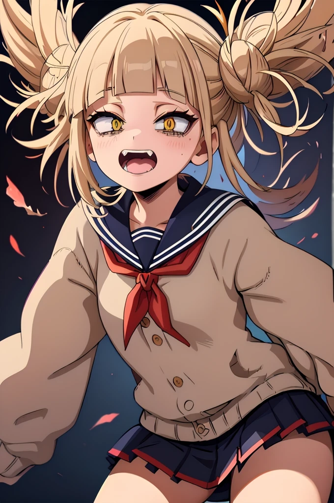 (masterpiece, Highest quality), One girl,  Himiko U1, Double Bang, Side Lock, , Sailor collar, Red neckerchief, elongated pupils, Sharp teeth, Pleated skirt, Seraphim, cardigan,  Long sleeve,  青いSailor collar, Yellow Eyes，Simple Background，There is blood on it