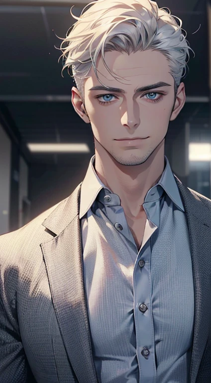 (best quality,4k,8k,highres,masterpiece:1.2),ultra-detailed,(realistic,photorealistic,photo-realistic:1.37),1 man,31 years old,mature man,very handsome,without expression,smile,short white hair,blue eyes,penetrating gaze,perfect face without errors,imposing posture,businessman,office background,cinematic lighting,hdr image