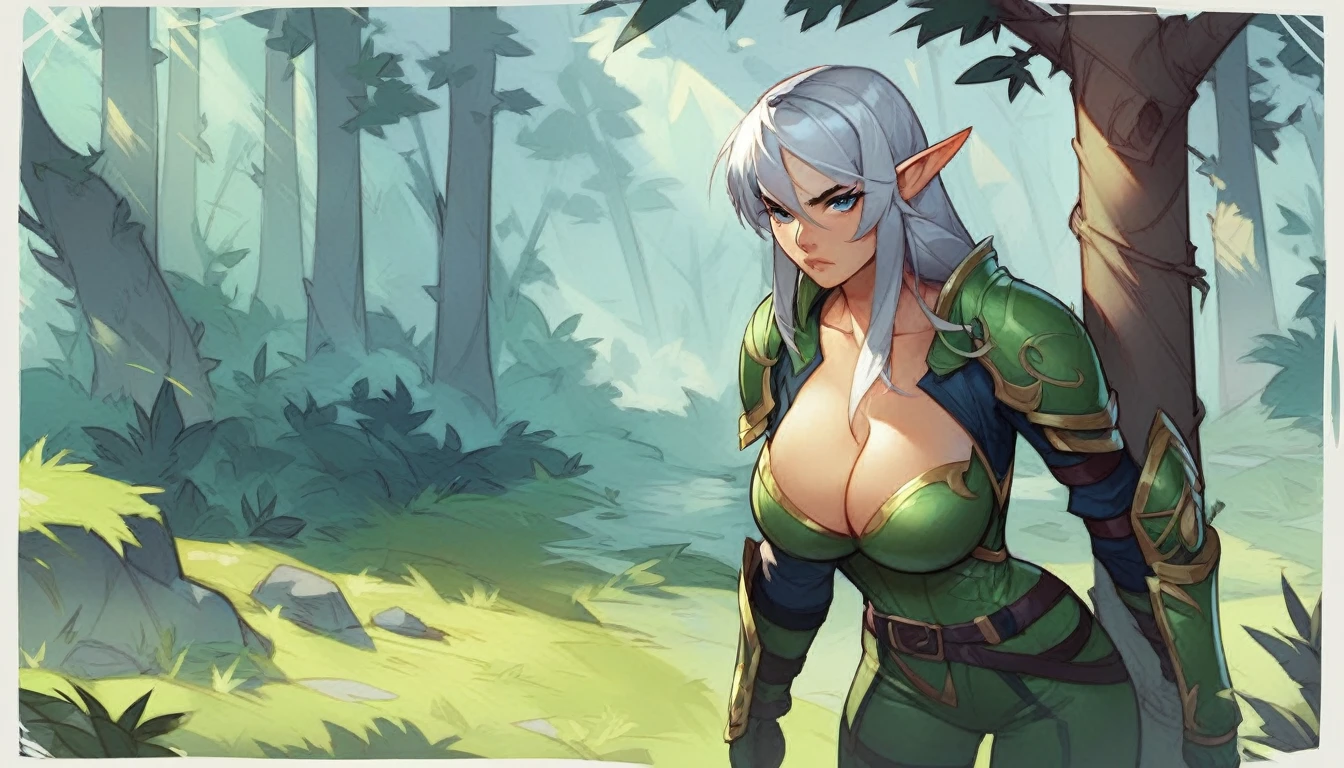 score_9,score_8_up,score_7_up,source_anime,tall elf woman,long silver hair,serious expression on her face,two sheathed swords on her hips,standing,in a forest,toned,green leather armor,ranger,thin hips,cleavage,alone,looking at camera,level with camera