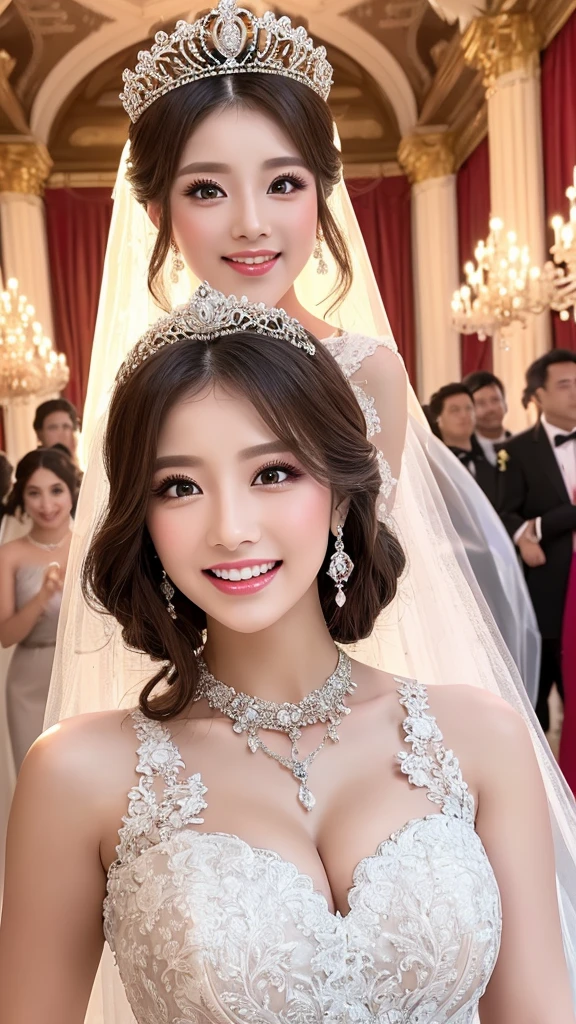 (Highest quality、Tabletop、8K、Best image quality、Award-winning works)、One beautiful bride、(alone:1.1)、(The most extravagant and gorgeous huge wedding dresses:1.1)、(Perfect Wedding Lace:1.2)、(The most extravagant and luxurious giant tiara:1.1)、(The most extravagant and luxurious giant necklace:1.1)、The most beautiful smile is looking at me、A wide selection of the finest jewellery、(Bridal upper body photo:1.1)、Perfect Makeup、Long eyelashes、Ultra HD Shining Eyes、Ultra HD Hair、Ultra-high resolution glossy lips、Ultra High Resolution Perfect Teeth、Super high resolution beautiful face、(Accurate anatomy:1.1)、(Very bright and beautiful skin:1.2)、(very bright and vivid:1.2)、(Luxury wedding venue background:1.1)