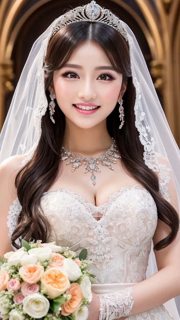 (Highest quality、Tabletop、8K、Best image quality、Award-winning works)、One beautiful bride、(alone:1.1)、(The most extravagant and gorgeous huge wedding dresses:1.1)、(Perfect Wedding Lace:1.2)、(The most extravagant and luxurious giant tiara:1.1)、(The most extravagant and luxurious giant necklace:1.1)、The most beautiful smile is looking at me、A wide selection of the finest jewellery、(Bridal upper body photo:1.1)、Perfect Makeup、Long eyelashes、Ultra HD Shining Eyes、Ultra HD Hair、Ultra-high resolution glossy lips、Ultra High Resolution Perfect Teeth、Super high resolution beautiful face、(Accurate anatomy:1.1)、(Very bright and beautiful skin:1.2)、(very bright and vivid:1.2)、(Luxury wedding venue background:1.1)