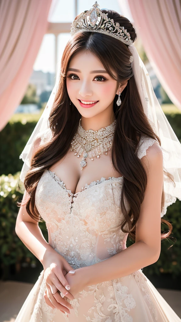 (Highest quality、Tabletop、8K、Best image quality、Award-winning works)、One beautiful bride、(alone:1.1)、(The most extravagant and gorgeous huge wedding dresses:1.1)、(Perfect Wedding Lace:1.2)、(The most extravagant and luxurious giant tiara:1.1)、(The most extravagant and luxurious giant necklace:1.1)、The most beautiful smile is looking at me、A wide selection of the finest jewellery、(Bridal upper body photo:1.1)、Perfect Makeup、Long eyelashes、Ultra HD Shining Eyes、Ultra HD Hair、Ultra-high resolution glossy lips、Ultra High Resolution Perfect Teeth、Super high resolution beautiful face、(Accurate anatomy:1.1)、(Very bright and beautiful skin:1.2)、(very bright and vivid:1.2)、(Luxury wedding venue background:1.1)