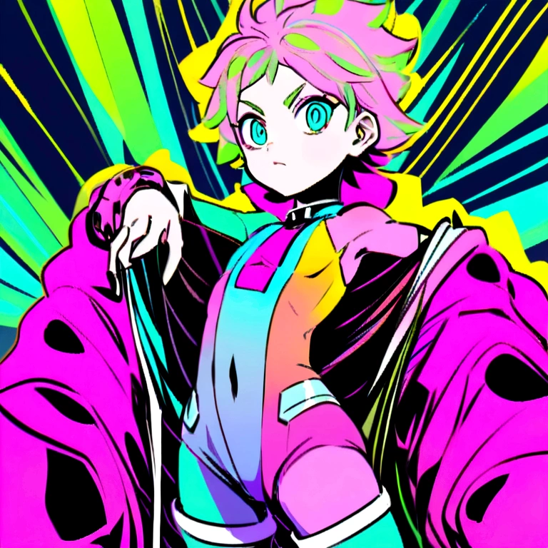Green jacket, pink heart sunglasses, short blonde curly hair, white pants, Tai Chi
