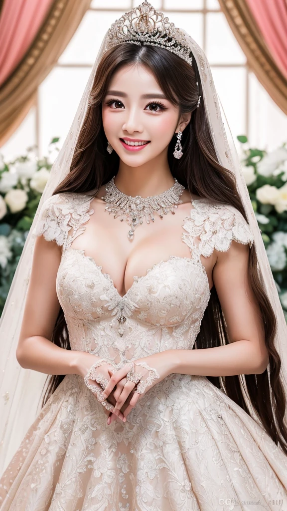 (Highest quality、Tabletop、8K、Best image quality、Award-winning works)、One beautiful bride、(alone:1.1)、(The most extravagant and gorgeous huge wedding dresses:1.1)、(Perfect Wedding Lace:1.2)、(The most extravagant and luxurious giant tiara:1.1)、(The most extravagant and luxurious giant necklace:1.1)、The most beautiful smile is looking at me、A wide selection of the finest jewellery、(Bridal upper body photo:1.1)、Perfect Makeup、Long eyelashes、Ultra HD Shining Eyes、Ultra HD Hair、Ultra-high resolution glossy lips、Ultra High Resolution Perfect Teeth、Super high resolution beautiful face、(Accurate anatomy:1.1)、(Very bright and beautiful skin:1.2)、(very bright and vivid:1.2)、(Luxury wedding venue background:1.1)