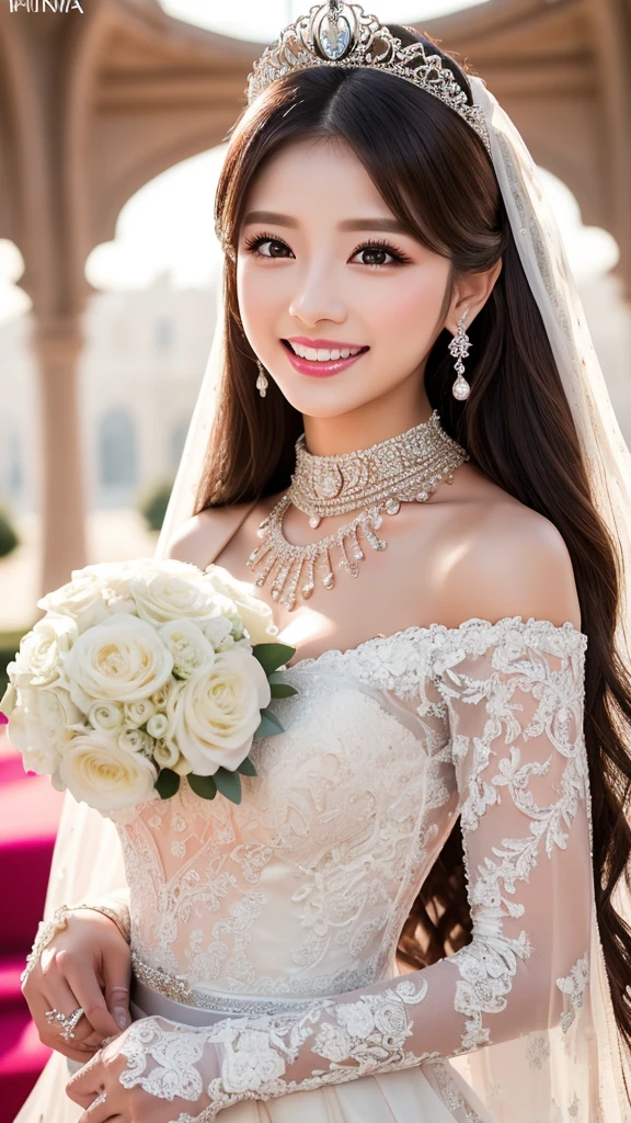 (Highest quality、Tabletop、8K、Best image quality、Award-winning works)、One beautiful bride、(alone:1.1)、(The most extravagant and gorgeous huge wedding dresses:1.1)、(Perfect Wedding Lace:1.2)、(The most extravagant and luxurious giant tiara:1.1)、(The most extravagant and luxurious giant necklace:1.1)、The most beautiful smile is looking at me、A wide selection of the finest jewellery、(Bridal upper body photo:1.1)、Perfect Makeup、Long eyelashes、Ultra HD Shining Eyes、Ultra HD Hair、Ultra-high resolution glossy lips、Ultra High Resolution Perfect Teeth、Super high resolution beautiful face、(Accurate ???????:1.1)、(Very bright and beautiful skin:1.2)、(very bright and vivid:1.2)、(Luxury wedding venue background:1.1)