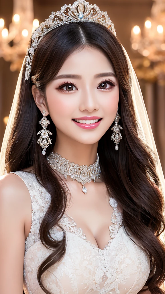 (Highest quality、Tabletop、8K、Best image quality、Award-winning works)、One beautiful bride、(alone:1.1)、(The most extravagant and gorgeous huge wedding dresses:1.1)、(Perfect Wedding Lace:1.2)、(The most extravagant and luxurious giant tiara:1.1)、(The most extravagant and luxurious giant necklace:1.1)、The most beautiful smile is looking at me、A wide selection of the finest jewellery、(Bridal upper body photo:1.1)、Perfect Makeup、Long eyelashes、Ultra HD Shining Eyes、Ultra HD Hair、Ultra-high resolution glossy lips、Ultra High Resolution Perfect Teeth、Super high resolution beautiful face、(Accurate anatomy:1.1)、(Very bright and beautiful skin:1.2)、(very bright and vivid:1.2)、(Luxury wedding venue background:1.1)